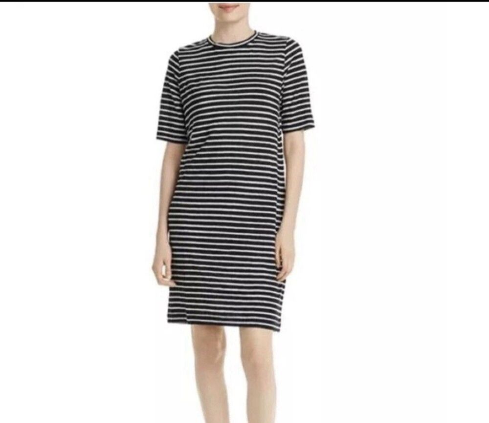 Eileen Fisher Linen Knitted Striped Dress M Black White Nautical Coastal Preppy